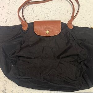 Longchamp Black Tote with Brown Leather Trim